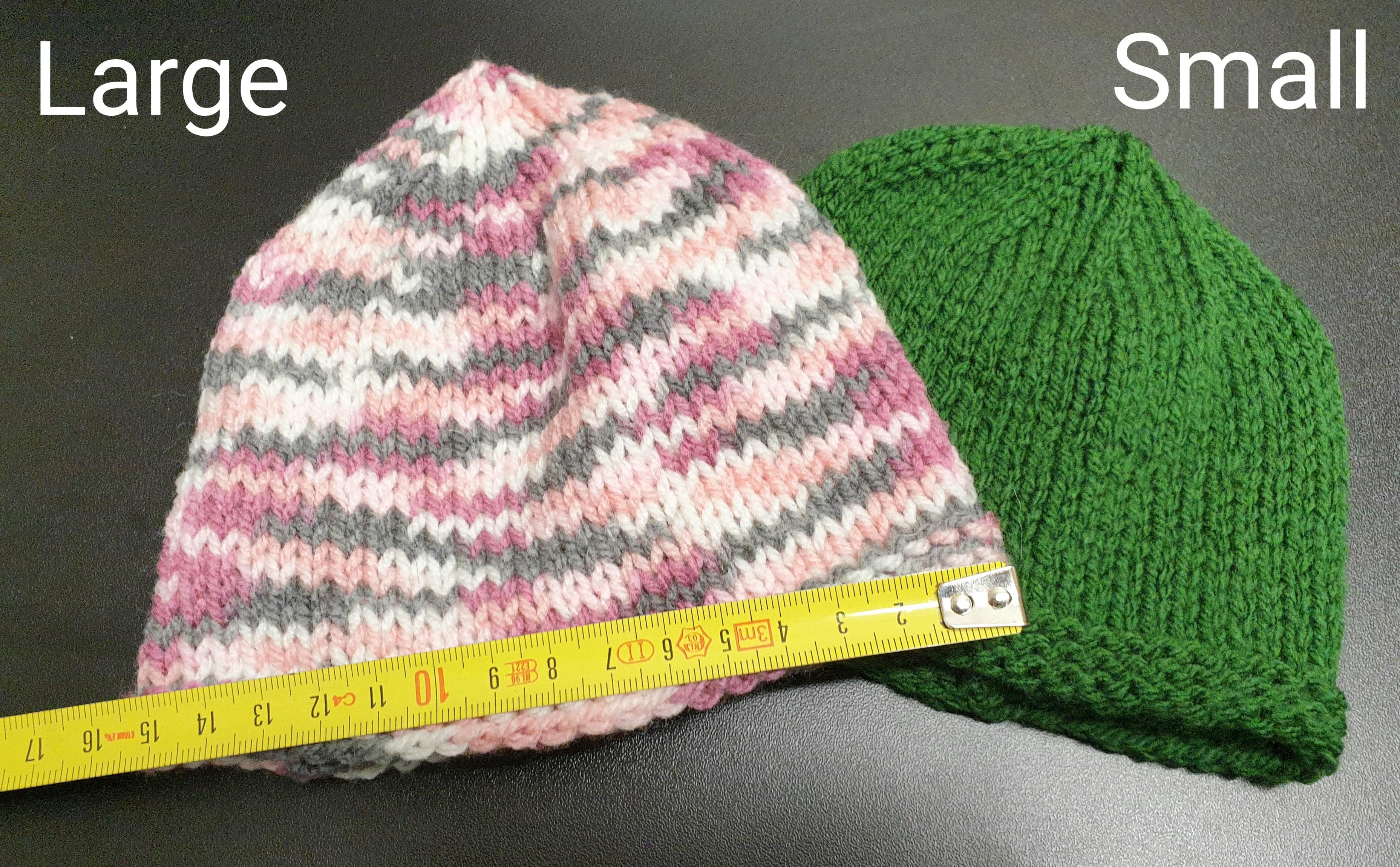 Multi coloured hand knitted beanie and green beanie